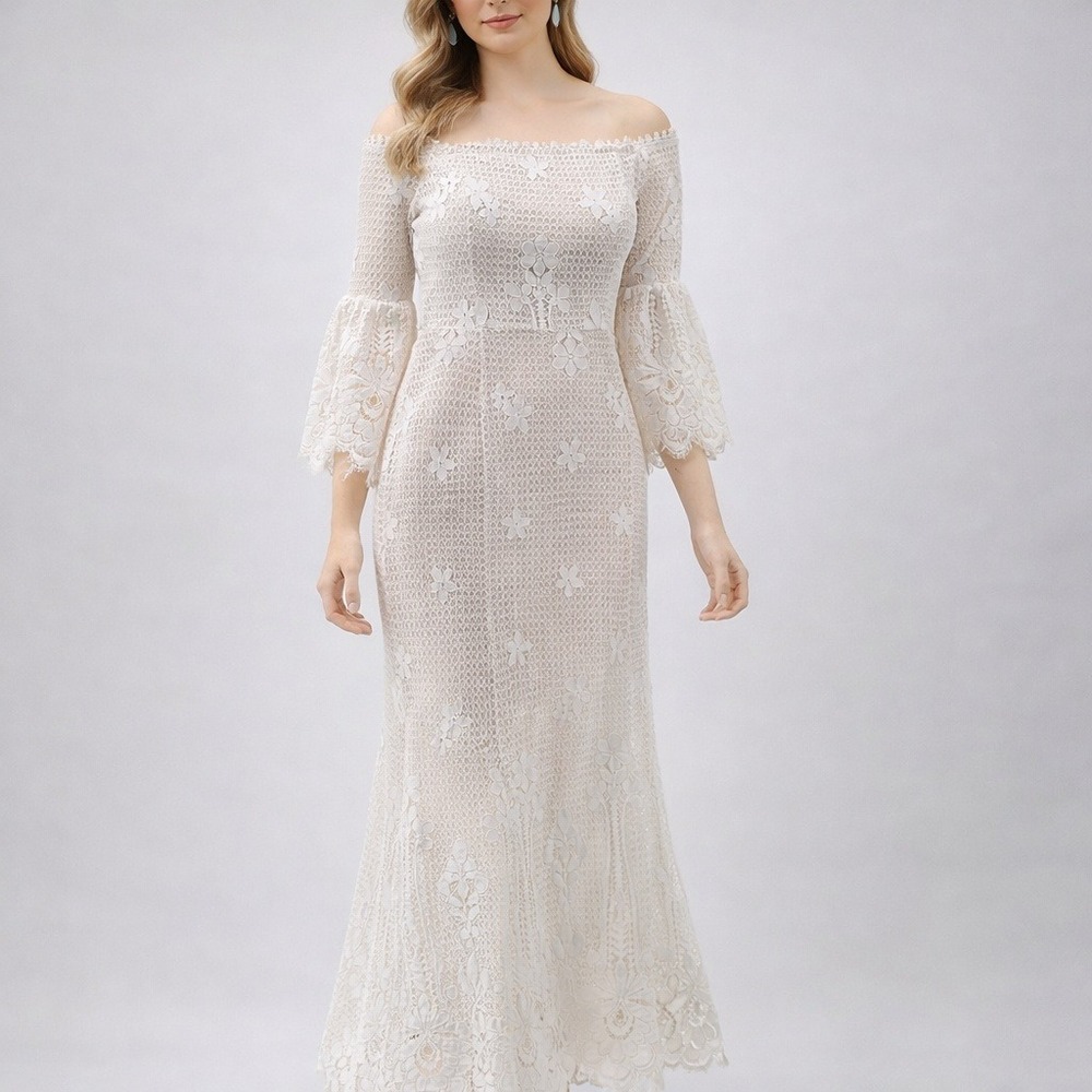 The Room Lace Dress Juniors L Ivory Off Shoulder Bell Sleeve Bridal Graduation